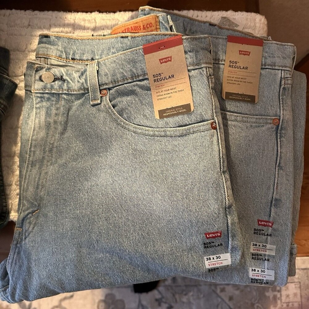 2 New With Tags  Levi 505 Stretch Men's Cotton Jeans - Washed Blue 38X30